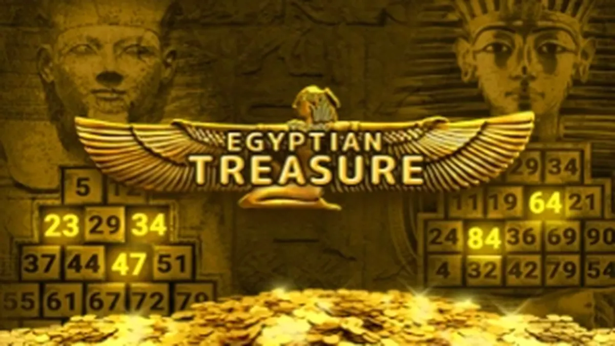 Isang makulay na screen ng Egyptian Treasure slot na nagpapakita ng mga simbolo ng Ehipto.