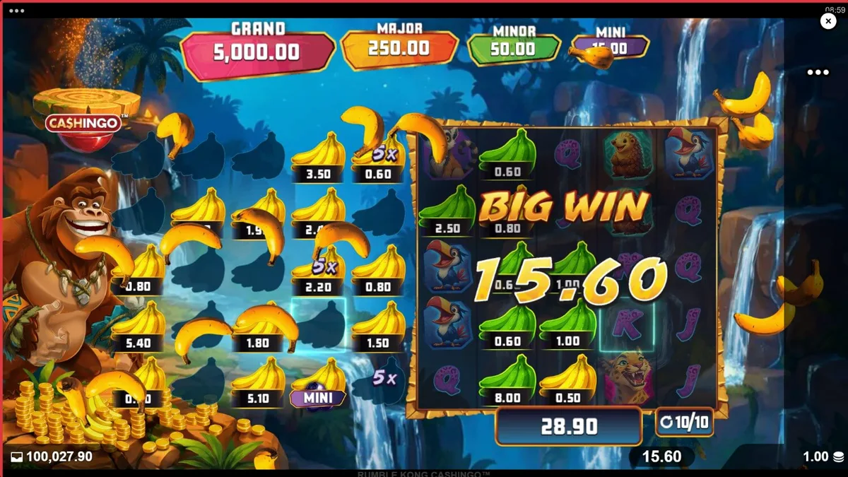 Isang neon-lit na cityscape na may giant gorilla at dual-grid slot machine.