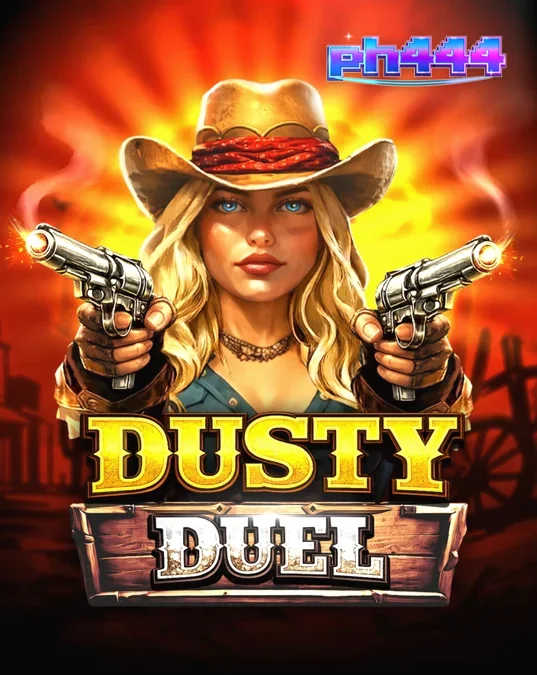 Isang tanawin ng Dusty Duel slot na nagpapakita ng Wild West na tema at ang revolver multiplier reel.